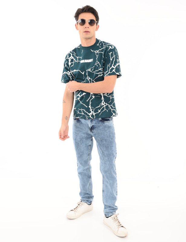 Men’s Dark Teal Lightning Print Graphic T-Shirt | Bold Streetwear Cotton Tee