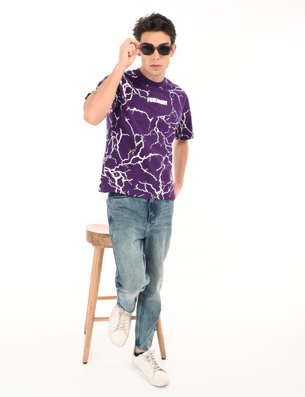 Men’s Purple Lightning Print Graphic T-Shirt | Bold Streetwear Cotton Tee