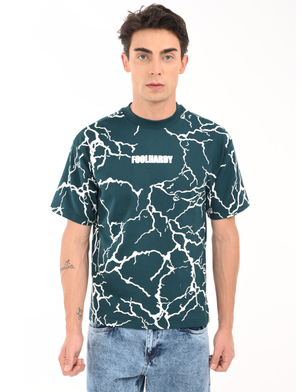 Men’s Dark Teal Lightning Print Graphic T-Shirt | Bold Streetwear Cotton Tee